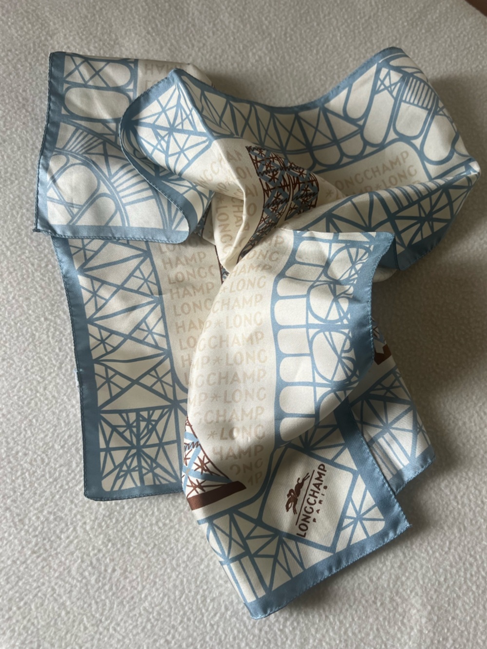 Longchamp Silk Scarf with Eiffel Tower print in Light Blue, Cream